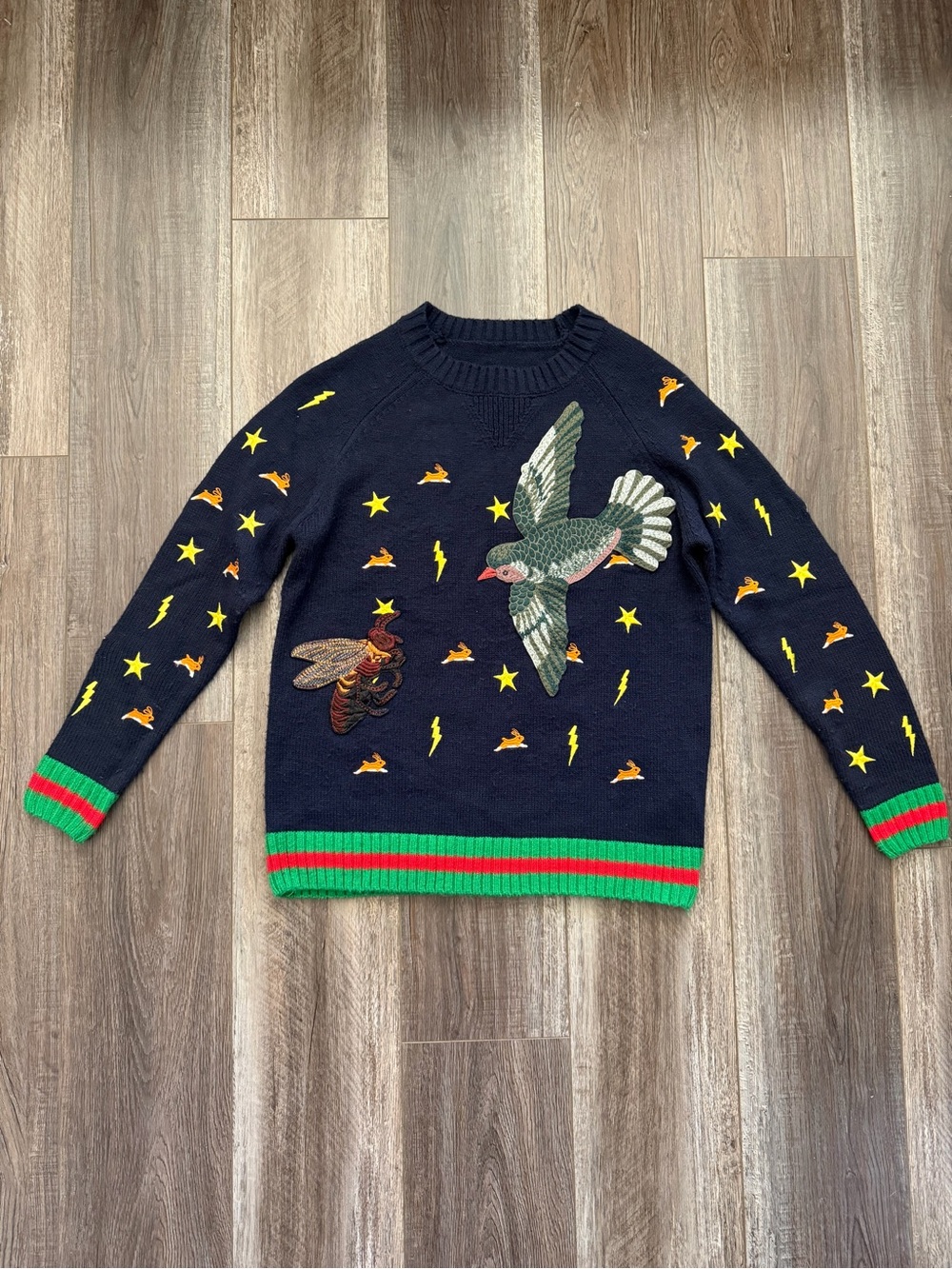 Gucci Navy Crewneck Sweater with Bird, Bee & Star Embroidery